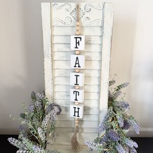 FAITH Hanging Sign Distressed Wood Blocks Beaded Tassel Farmhouse Decor